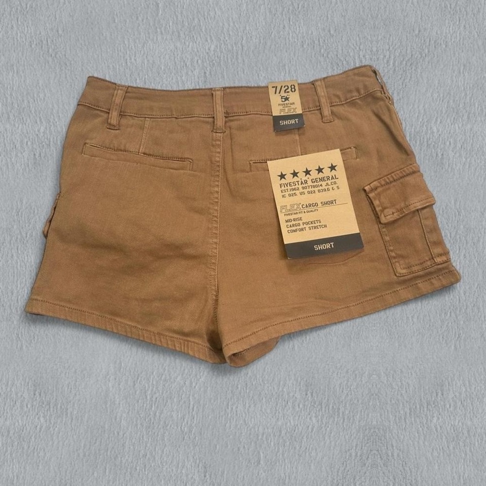 NWT FiveStar General Cargo Shorts Womens 7/28 Tan Brown Flex Side Pockets Mid - Picture 2 of 7